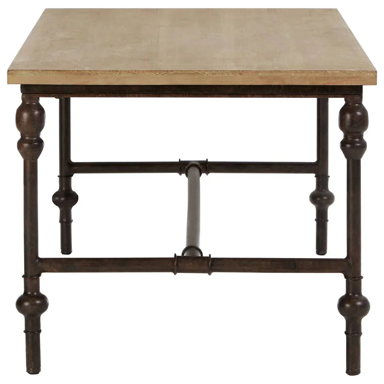Industrial dining table with light wood top and black metal legs, front view