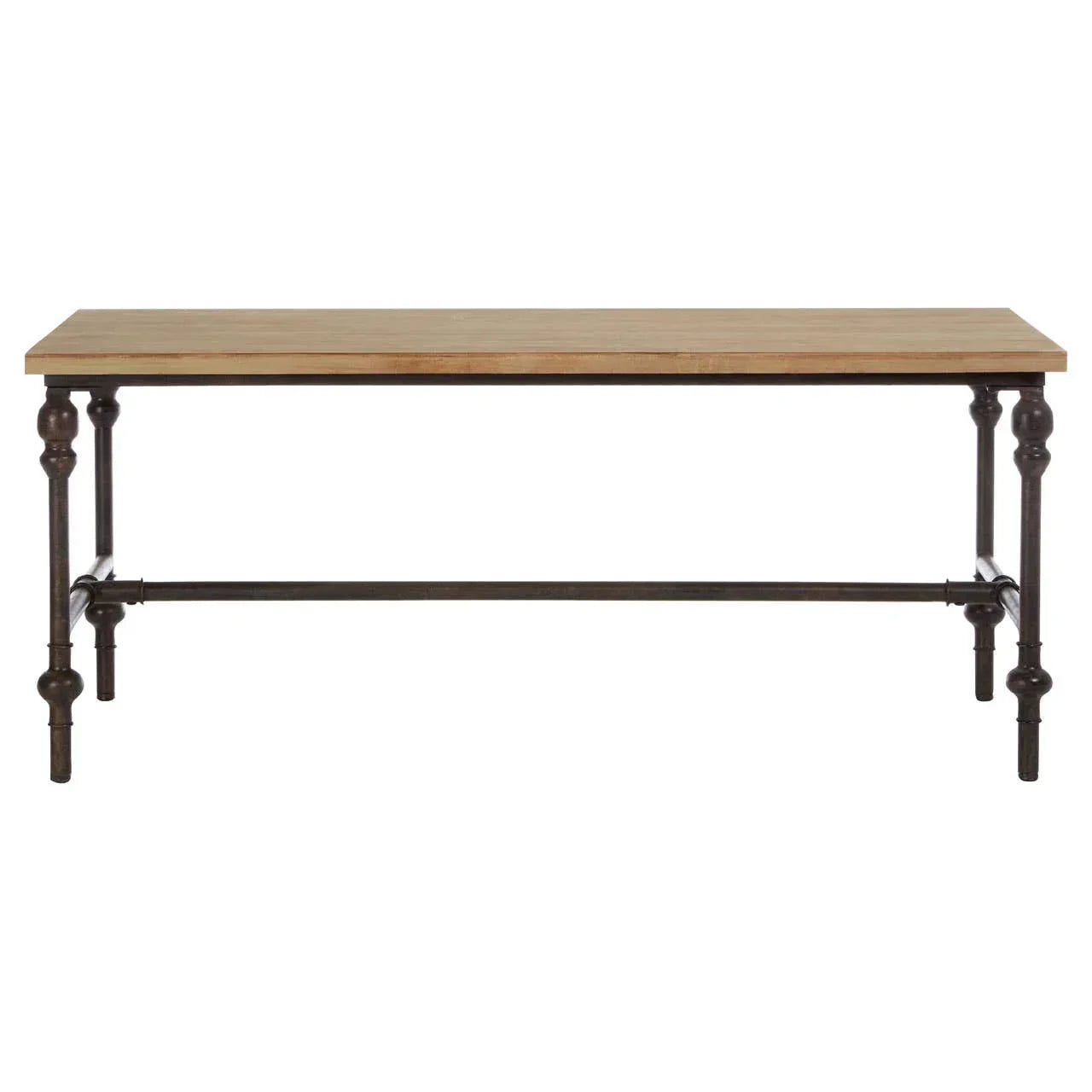 Rectangular wooden dining table with black metal legs and crossbar support