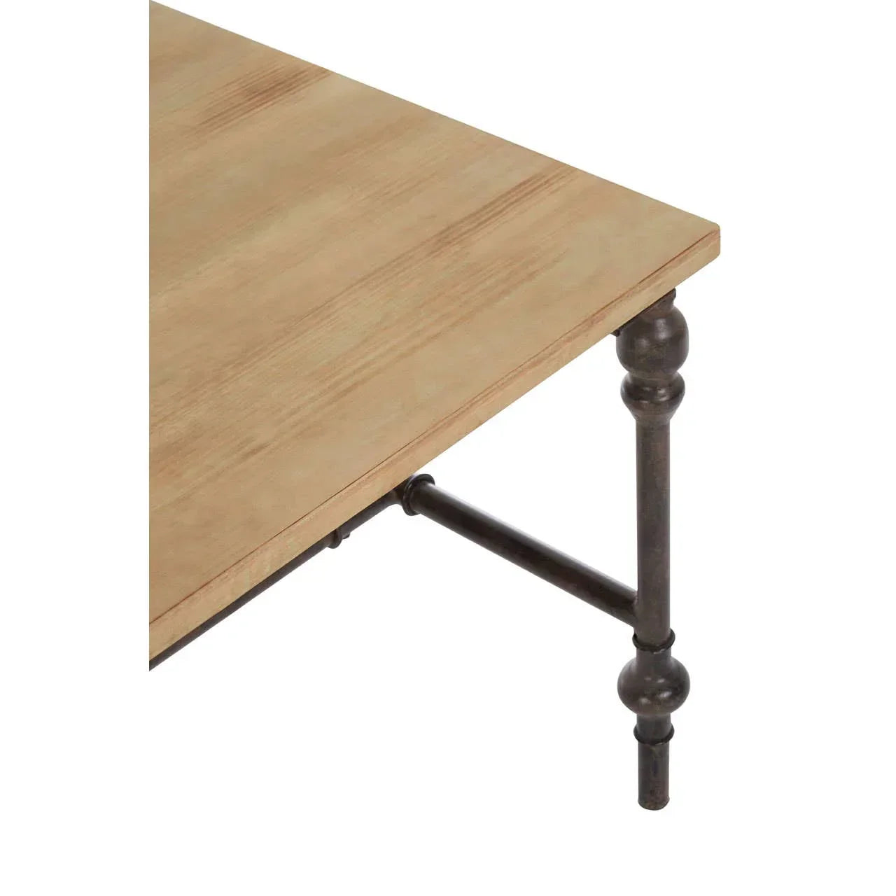 Close up of wooden dining table corner with metal leg detail