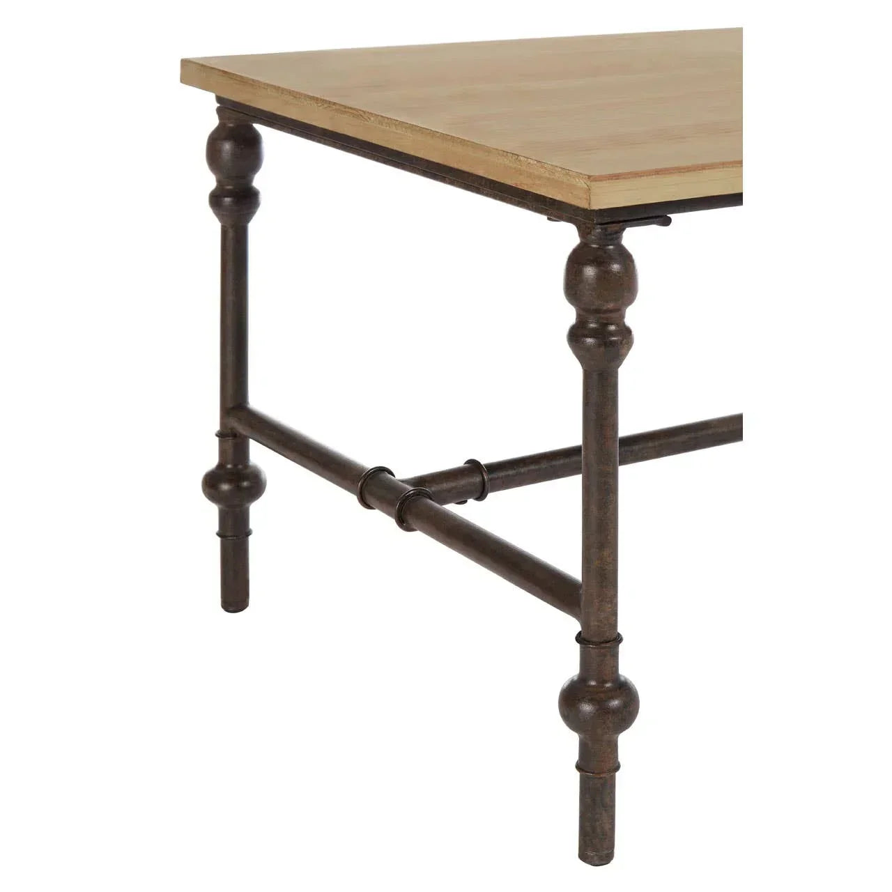Wood dining table with dark metal legs and crossbar, close-up corner detail