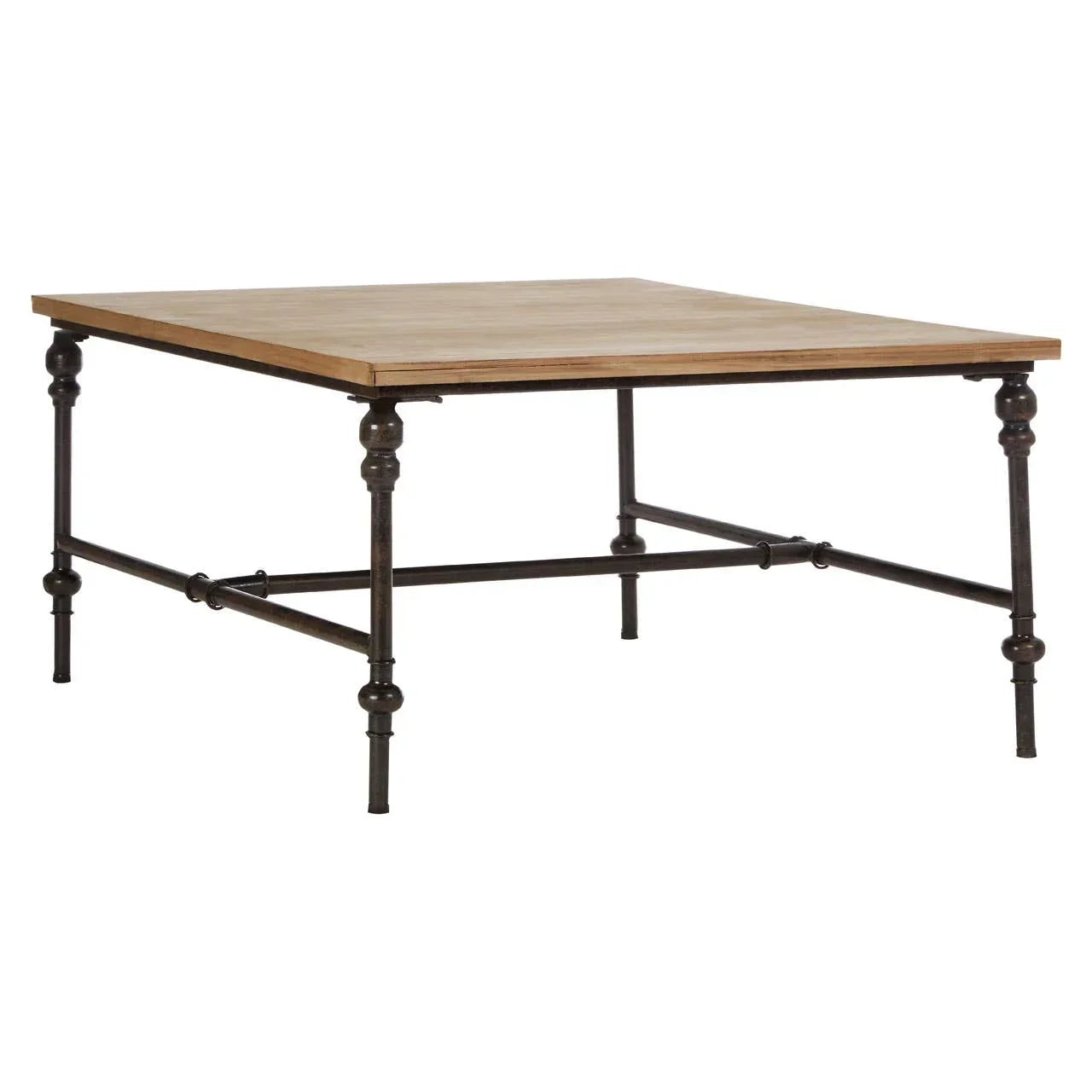 Square coffee table with wooden top and black metal legs, industrial style