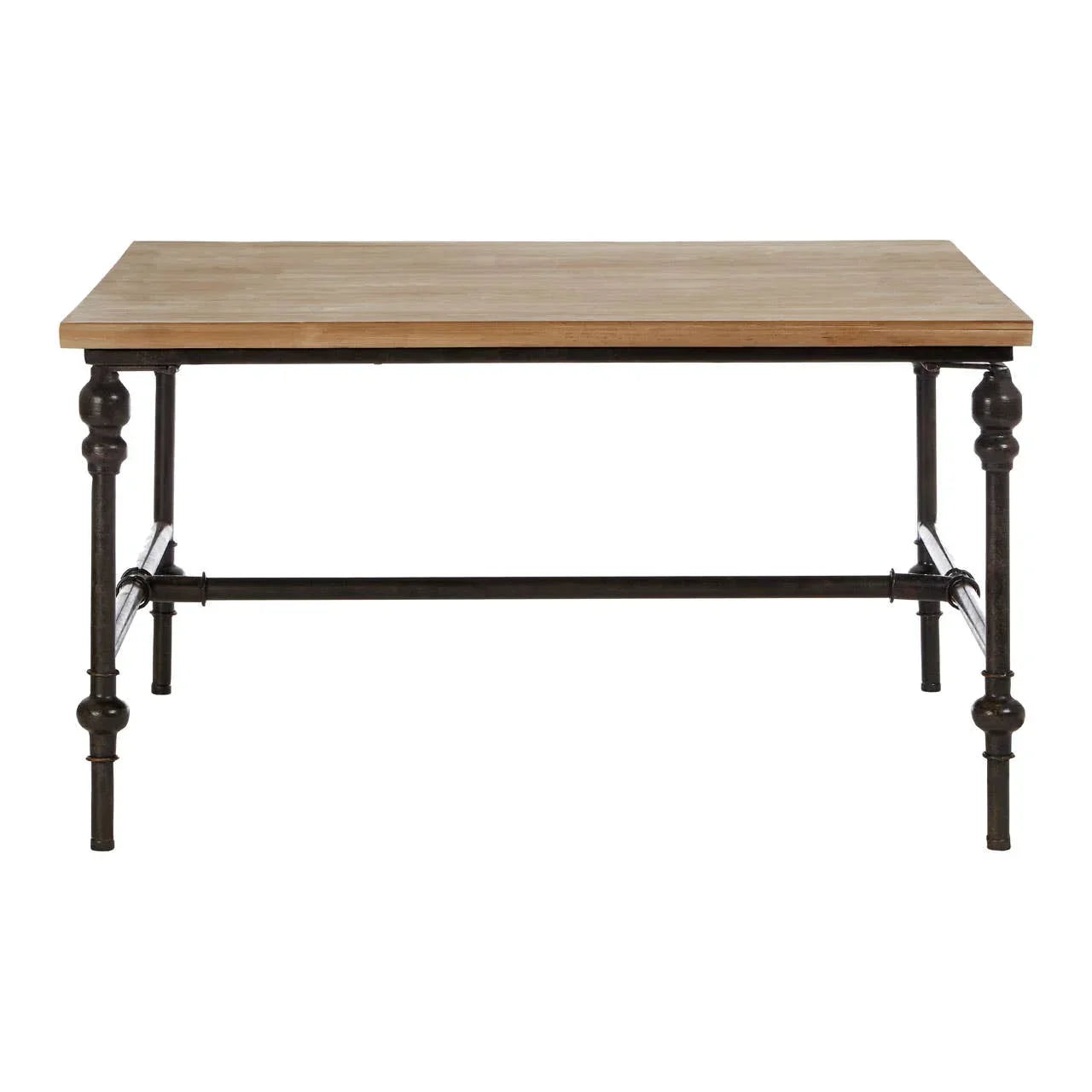 Rectangular wooden dining table with black metal frame and crossbar legs