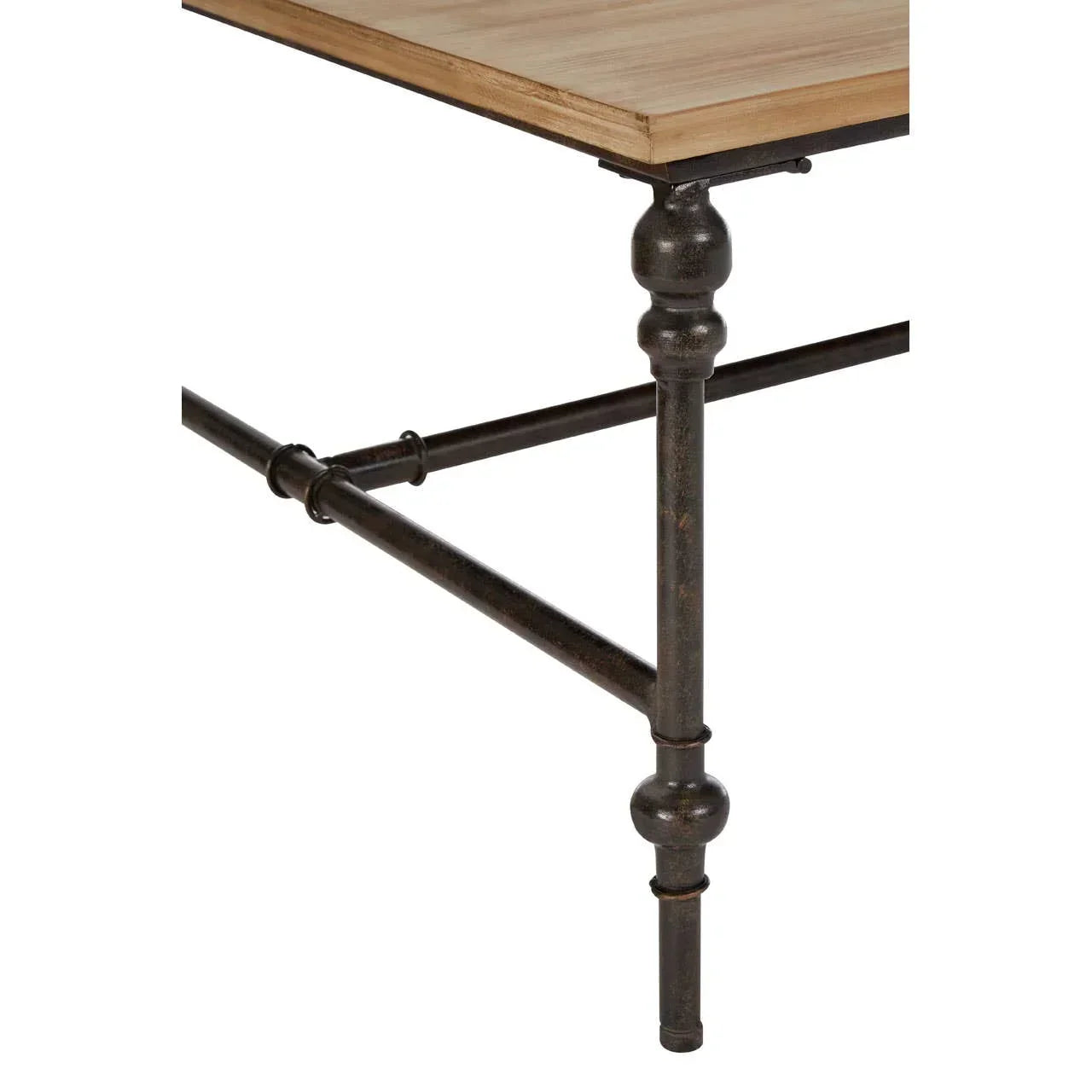 Industrial dining table with black metal leg and natural wood tabletop closeup