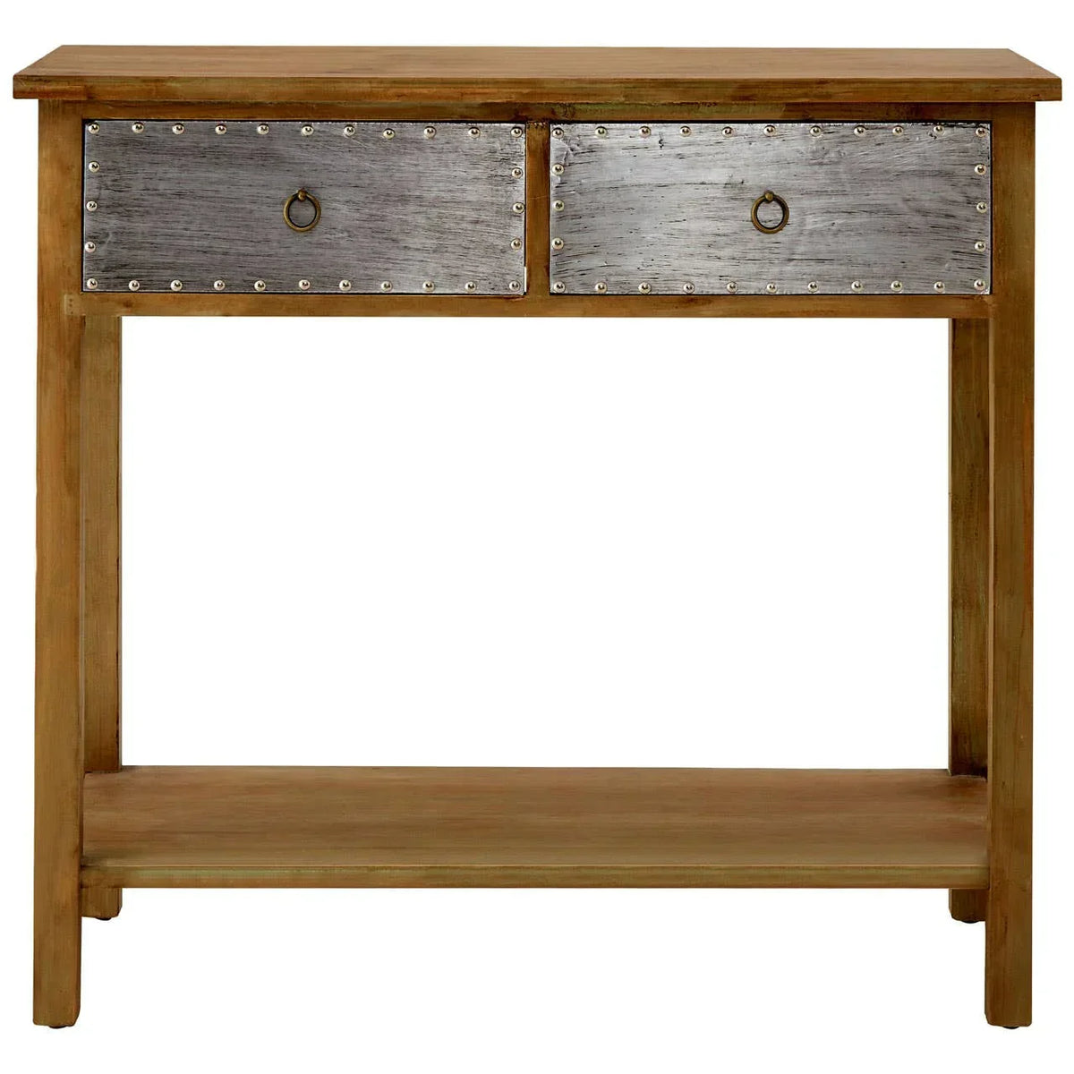Wooden console table with two metal front drawers and lower shelf