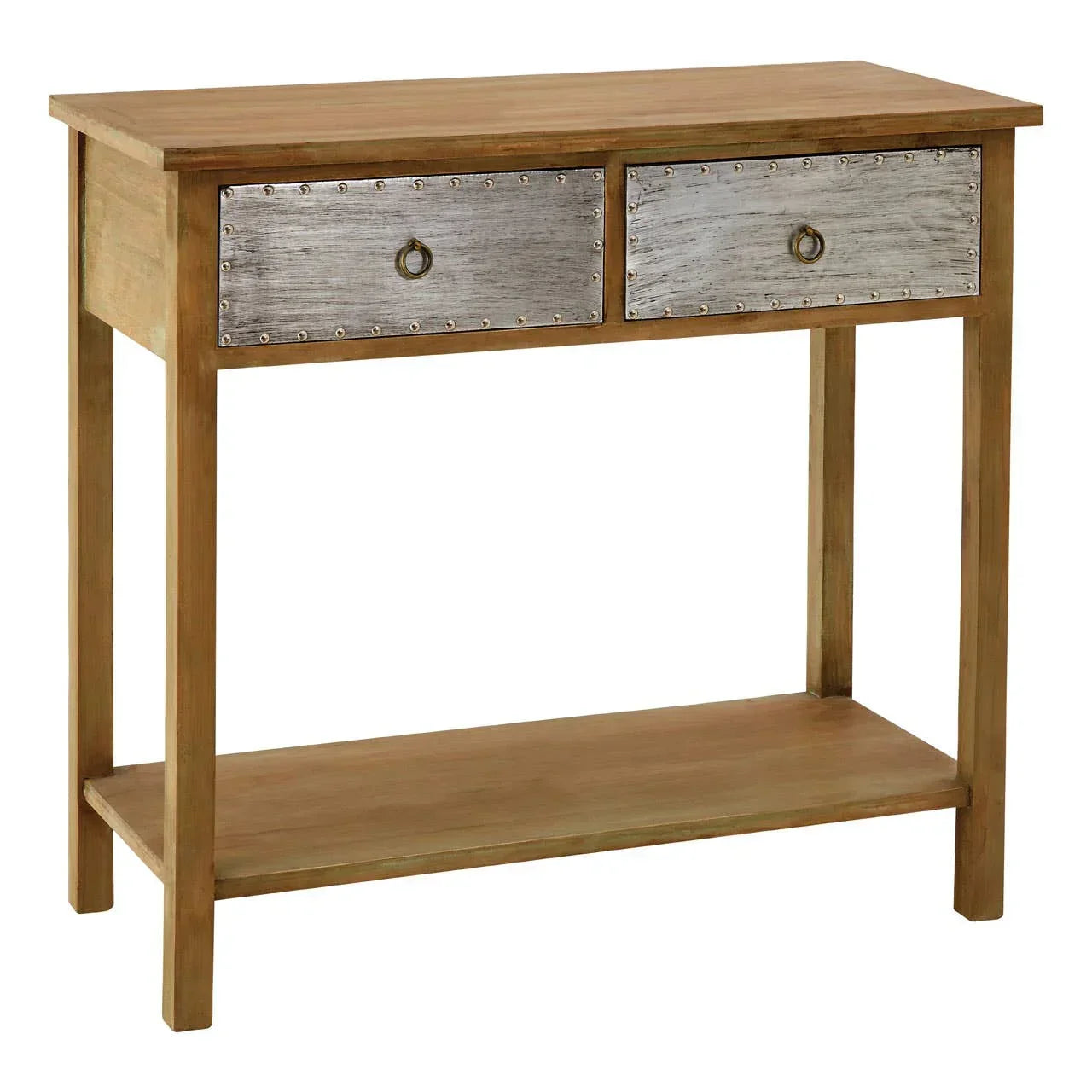 Wooden console table with two metal front drawers and lower shelf, angled front view