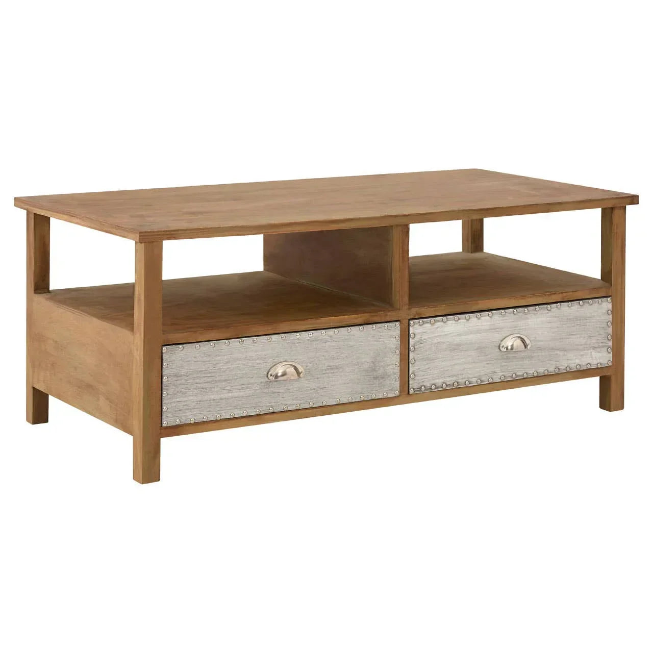 Wooden coffee table with two metal drawers and open shelf compartments