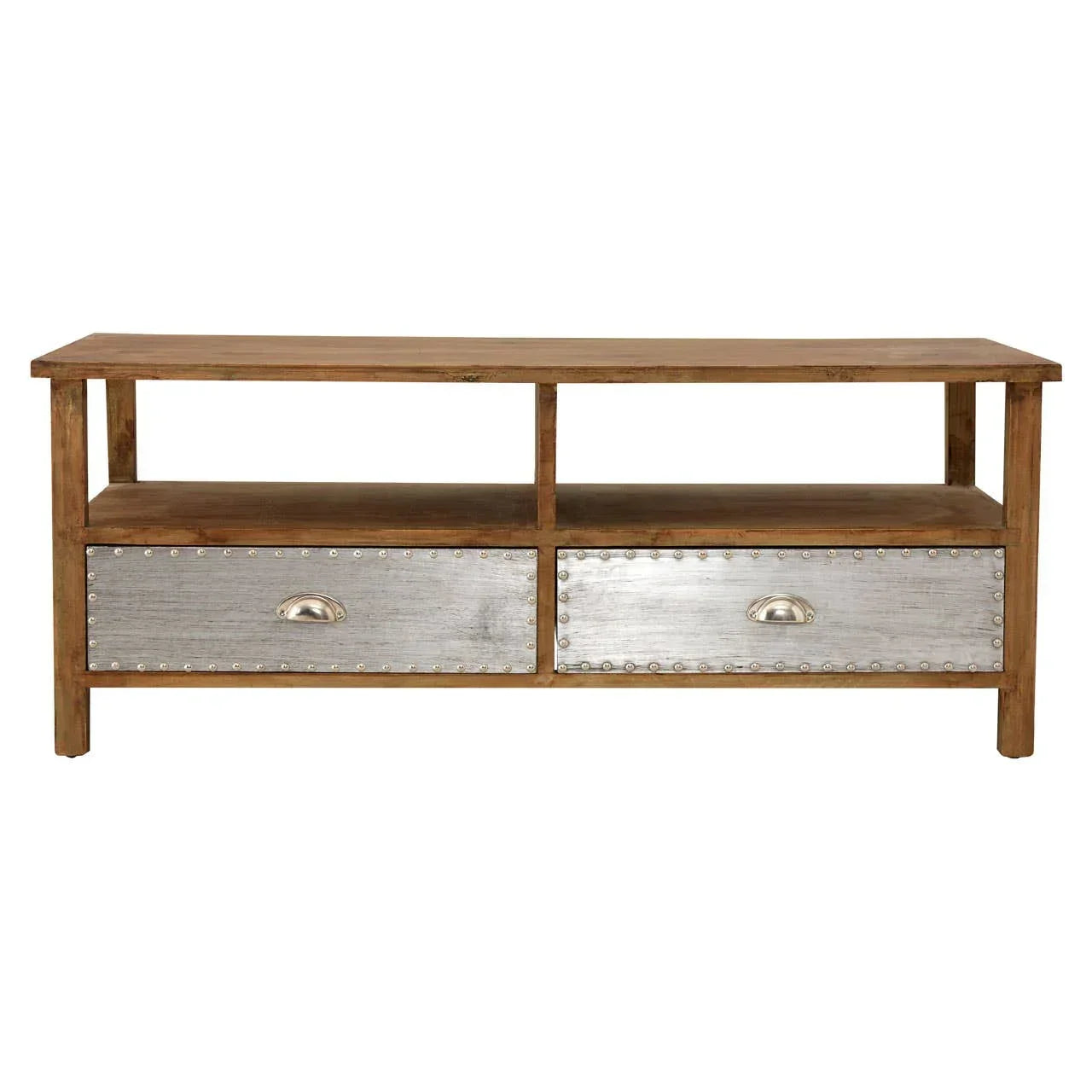 Wooden TV unit with two metal front drawers and open shelf compartments