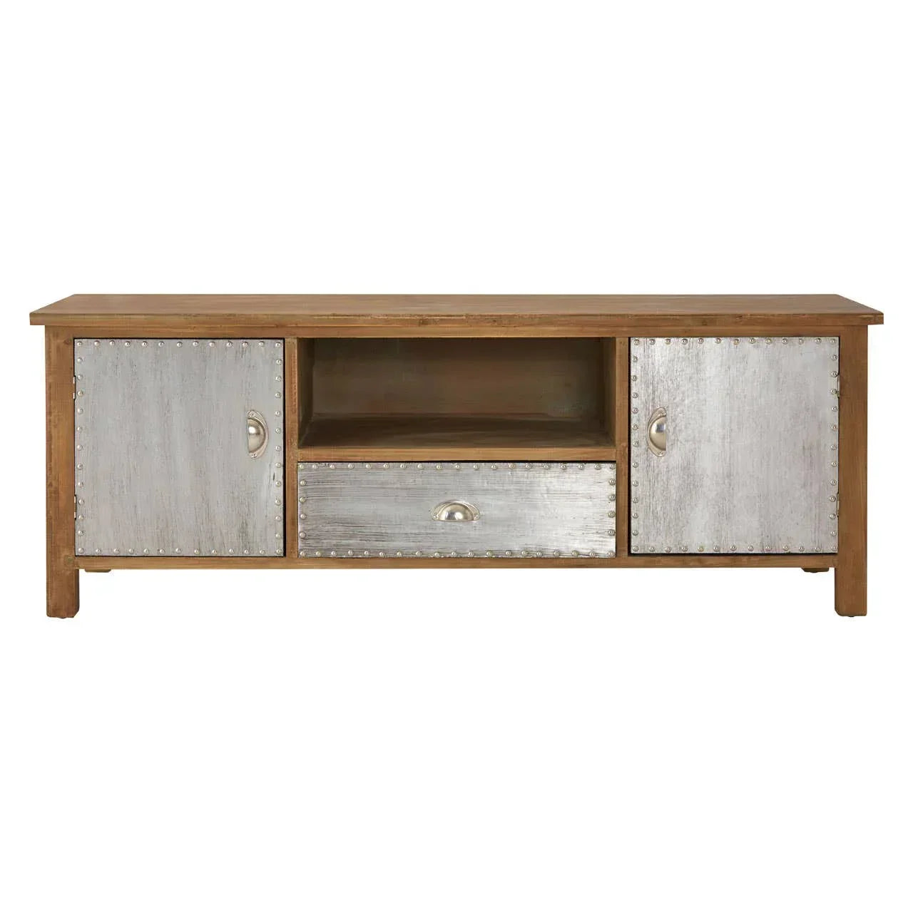 Industrial style TV stand with metal doors and drawer, wooden frame, open shelf center