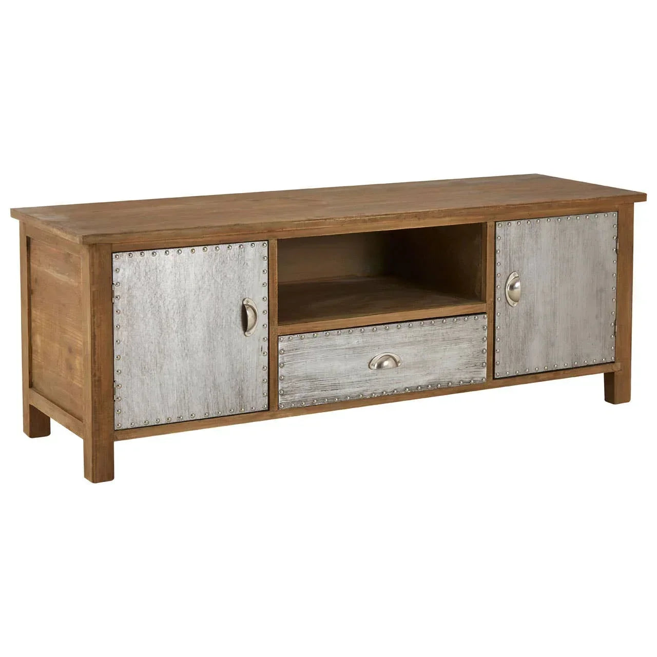 Wooden TV unit with silver metal doors, central open shelf, and drawer front view