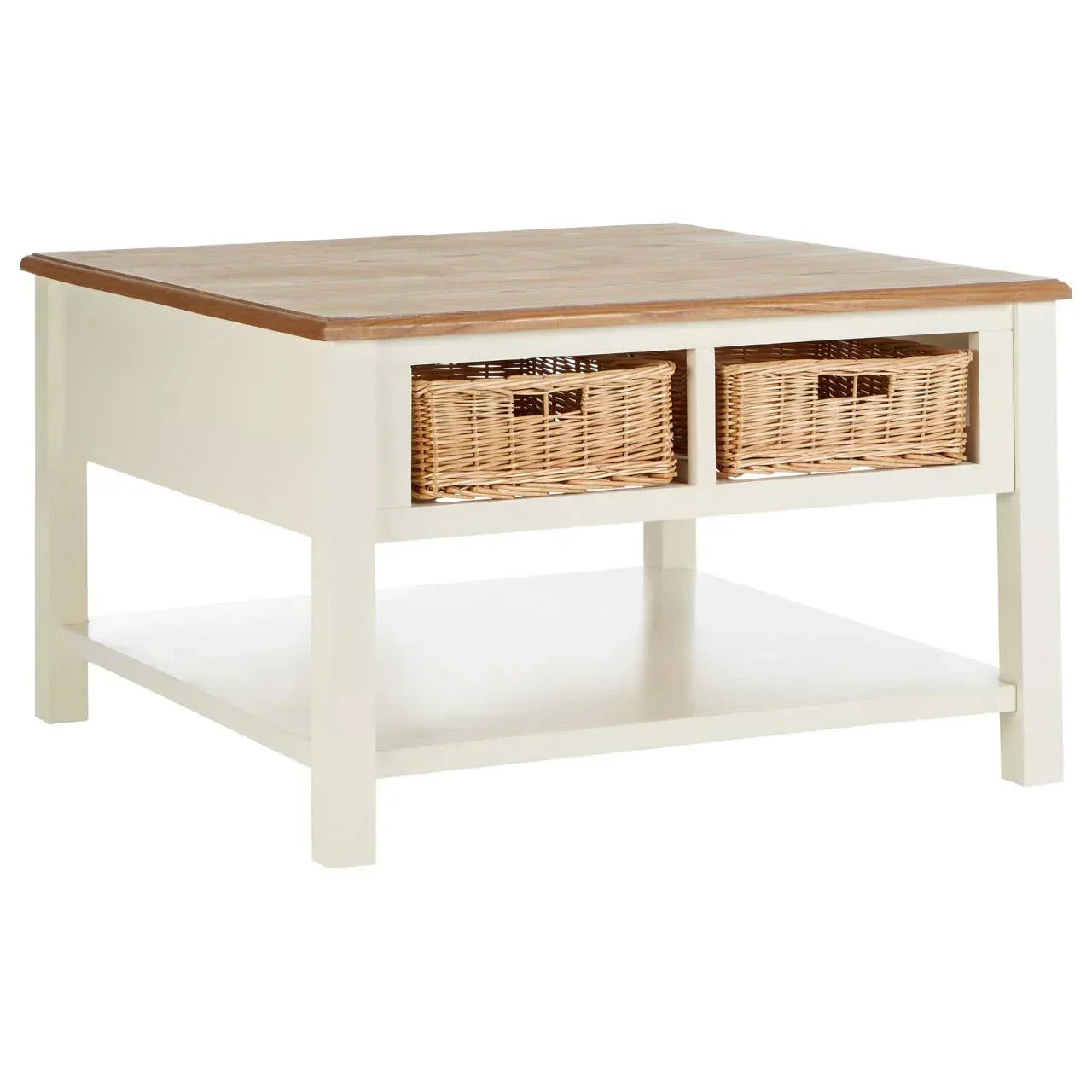 White wooden coffee table with oak top, two wicker storage baskets, and lower shelf