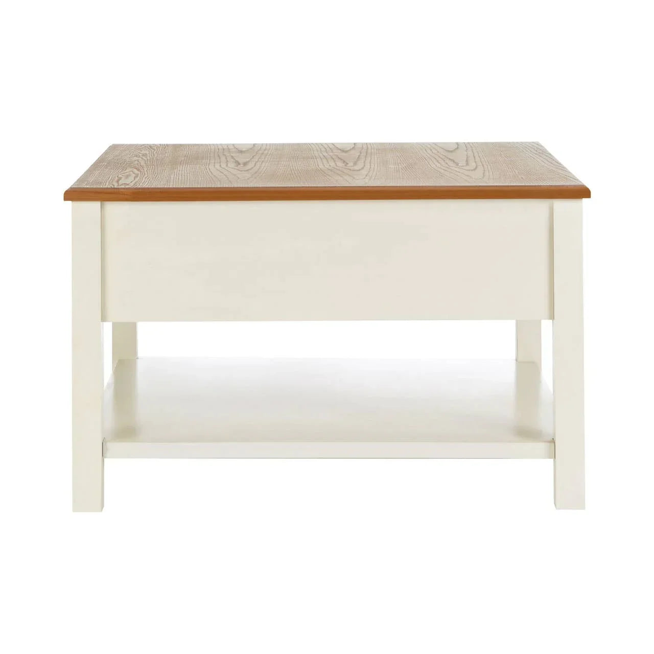 Wooden coffee table with oak effect top and white painted base, front view