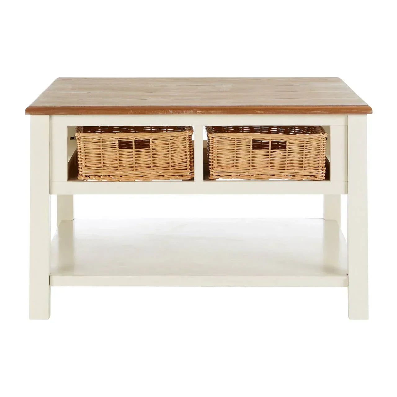 Wood coffee table with white frame, two wicker storage baskets, and lower shelf
