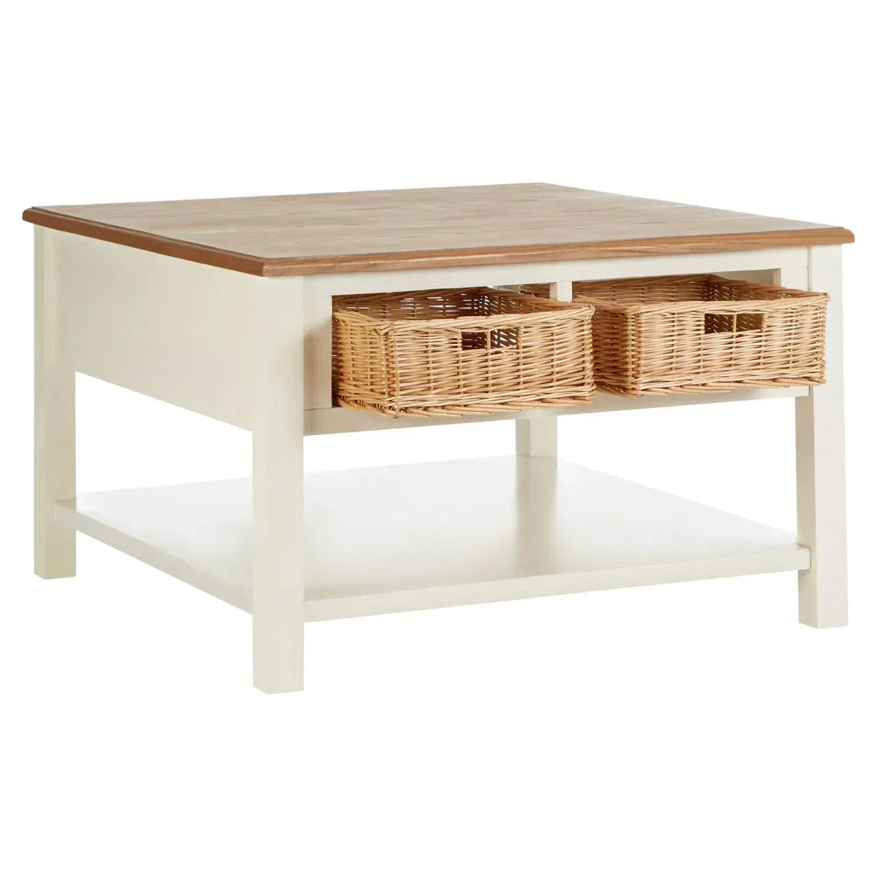 Wooden coffee table with white frame, oak top, two wicker drawers, lower storage shelf