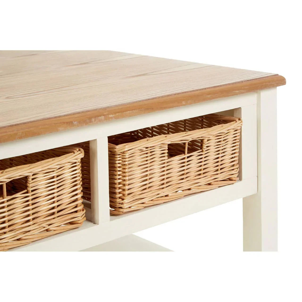 Wooden table with wicker storage baskets and a natural finish top