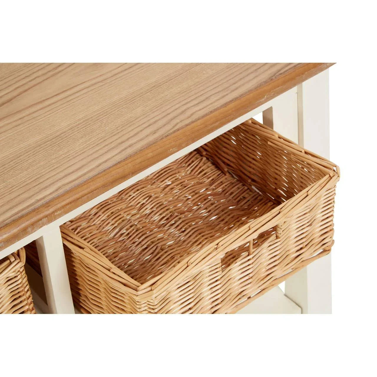 Wooden hall table with natural wicker storage basket and cream painted frame
