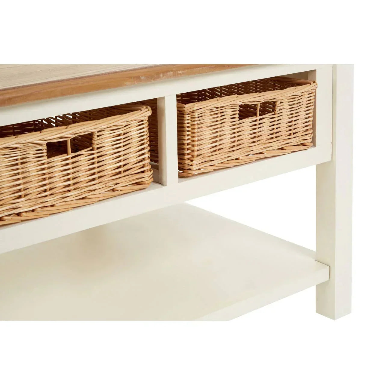 Cream console table with wooden top and wicker storage baskets