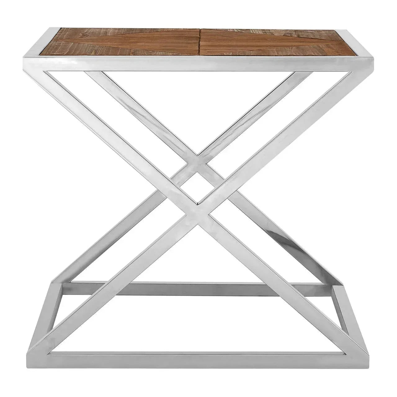 Modern side table with metal frame and square wooden top, geometric cross base