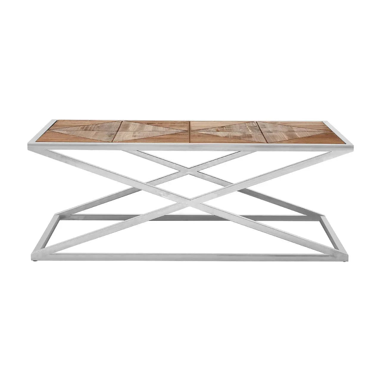 Wood top coffee table with geometric metal frame in a modern style, front view