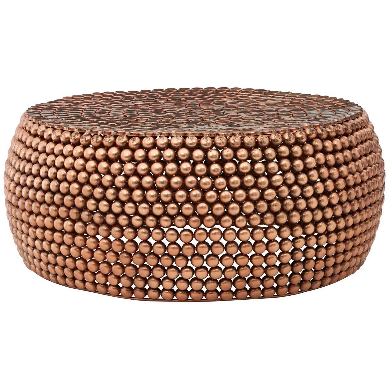 Copper metal coffee table with textured sphere pattern and round shape