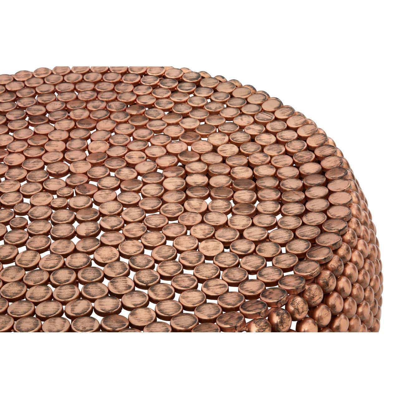 copper accent table with round hammered metal surface, close up of textured finish