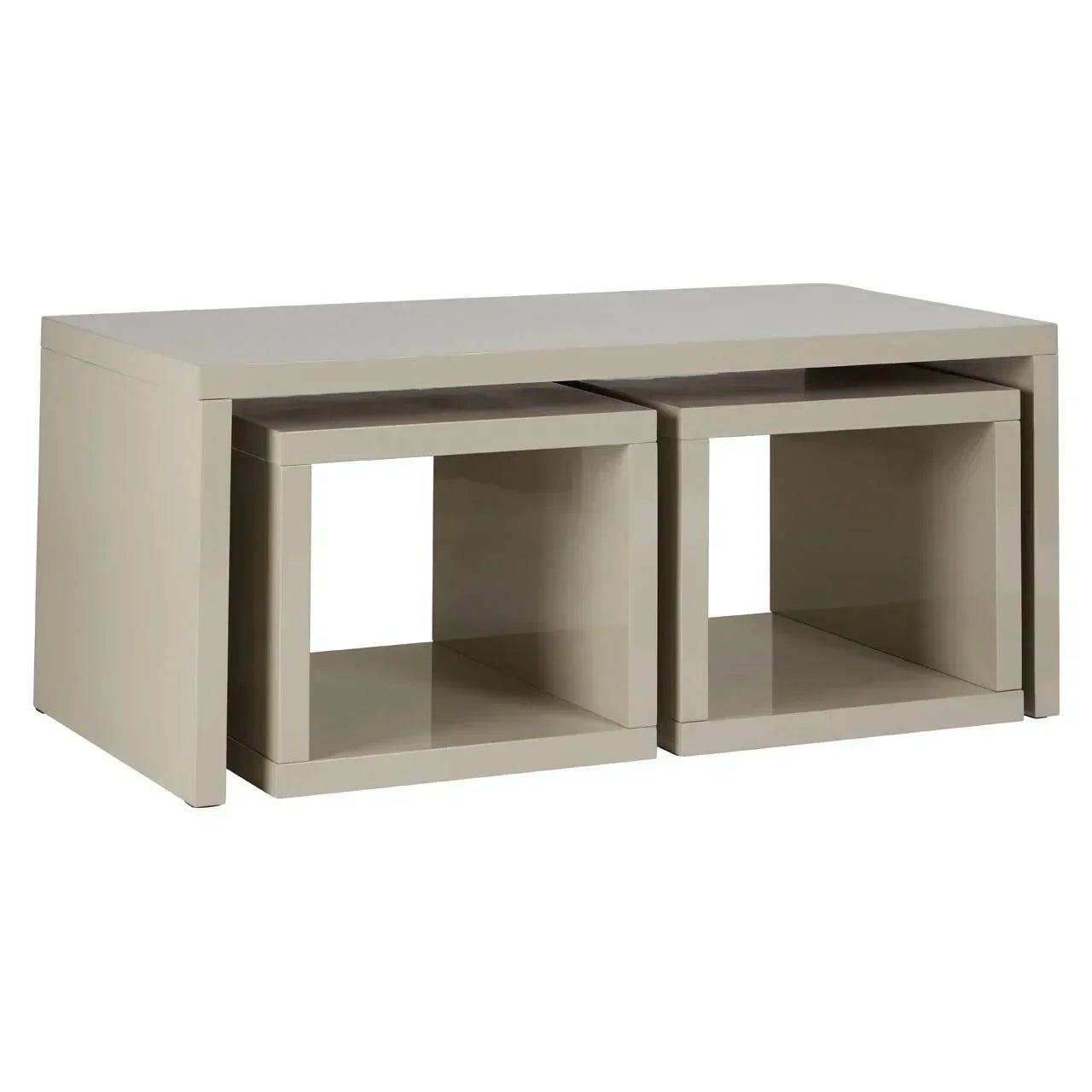 Gloss finish beige nesting coffee table with two matching cube stools