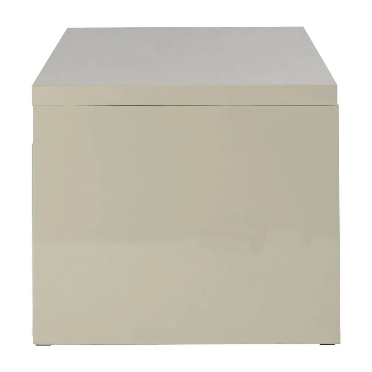 Beige gloss side table with clean lines and flat top surface, front angle view