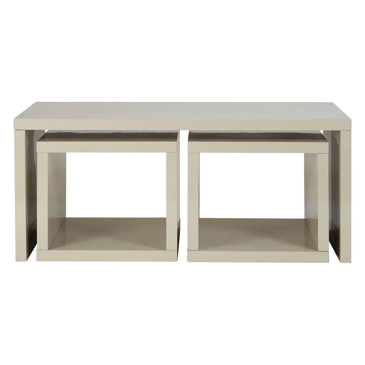 Beige nesting tables set with square design and glossy finish, front view