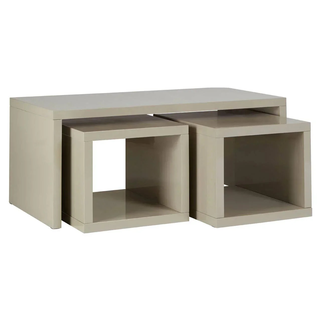 Beige nesting coffee tables with open cube design and glossy finish