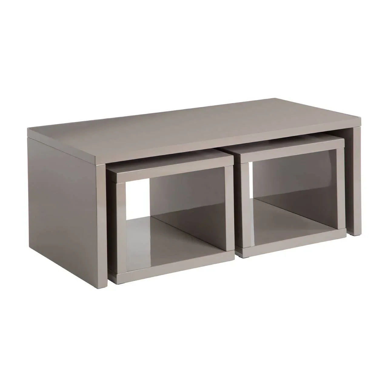 Grey high gloss coffee table with two matching cube stools nested underneath