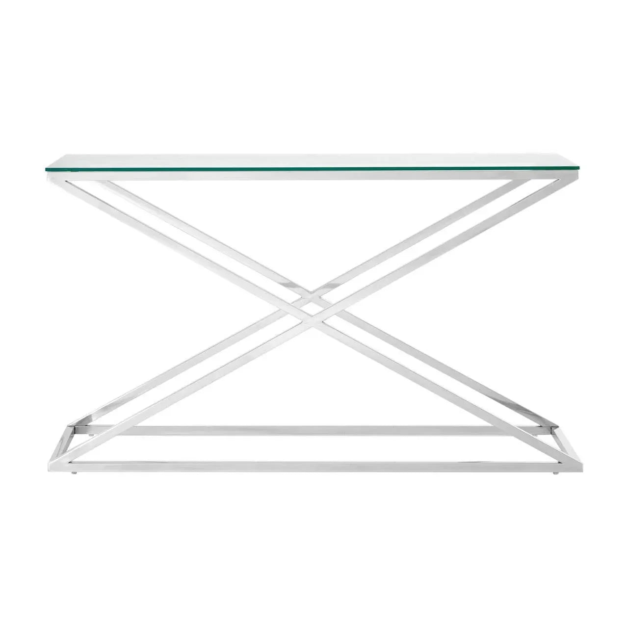 Glass console table with chrome X-frame base, modern design, side view