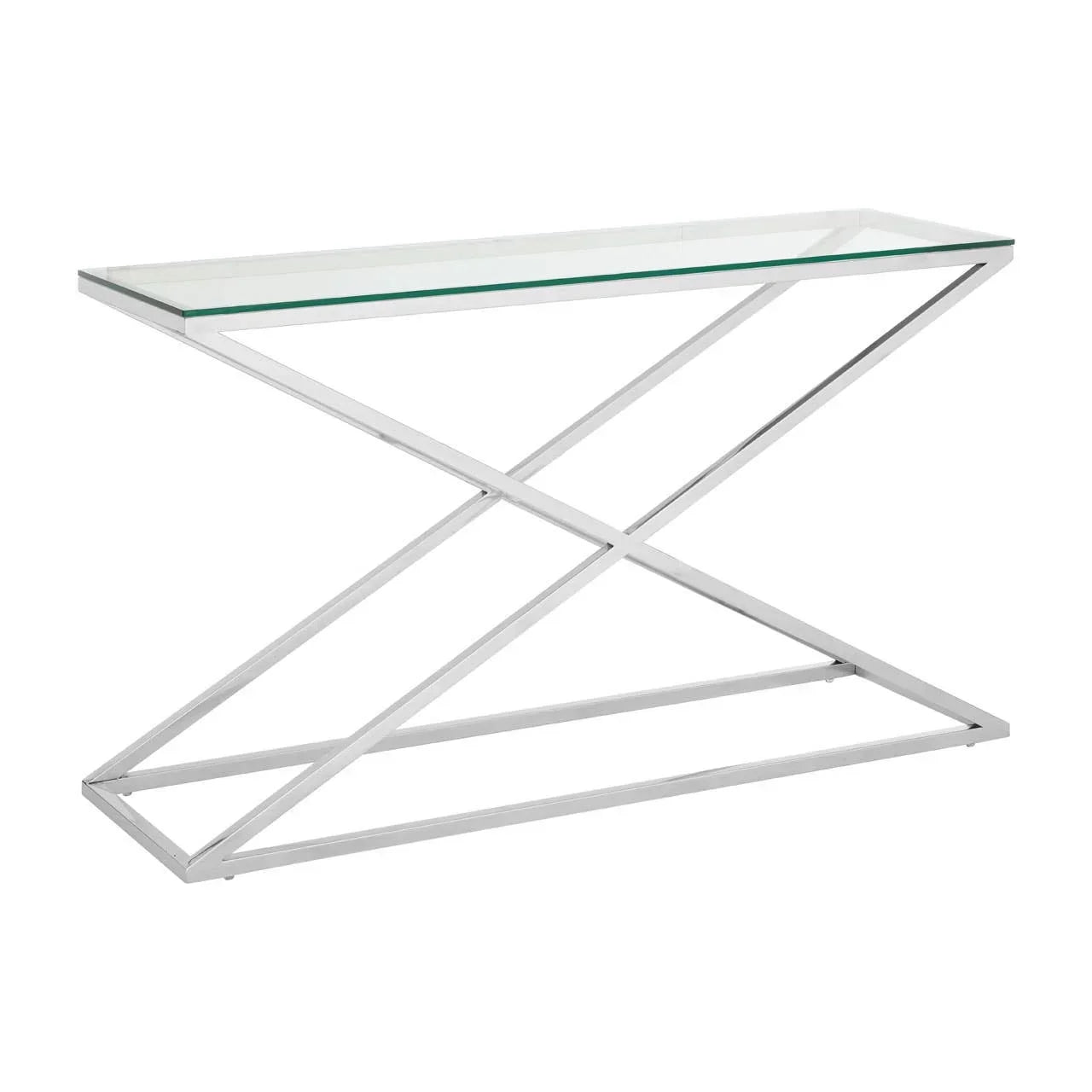 Glass console table with chrome metal X-frame base, angled view