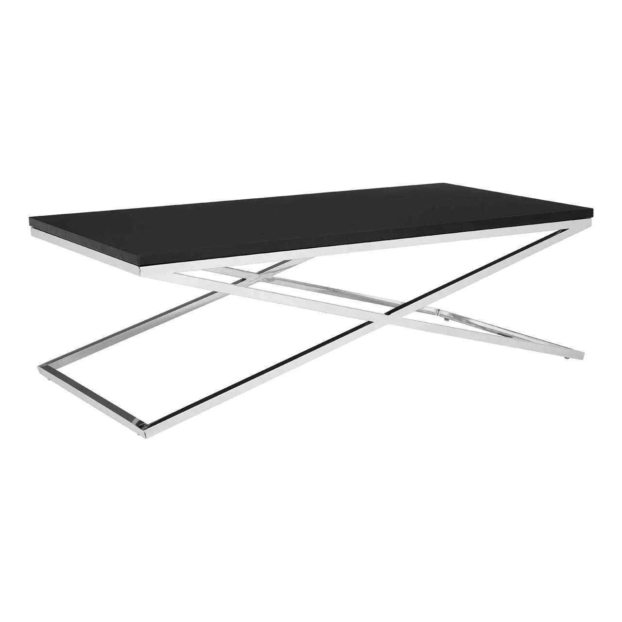 Black coffee table with chrome cross metal legs and rectangular top