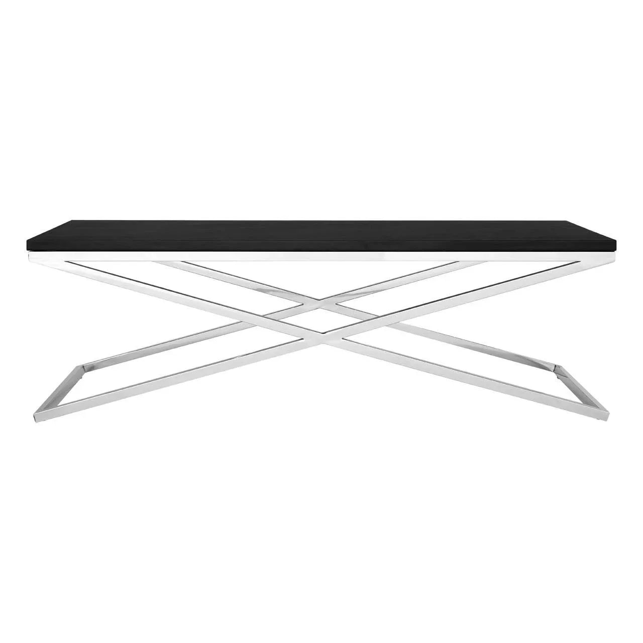 Black coffee table with rectangular top and chrome cross frame base