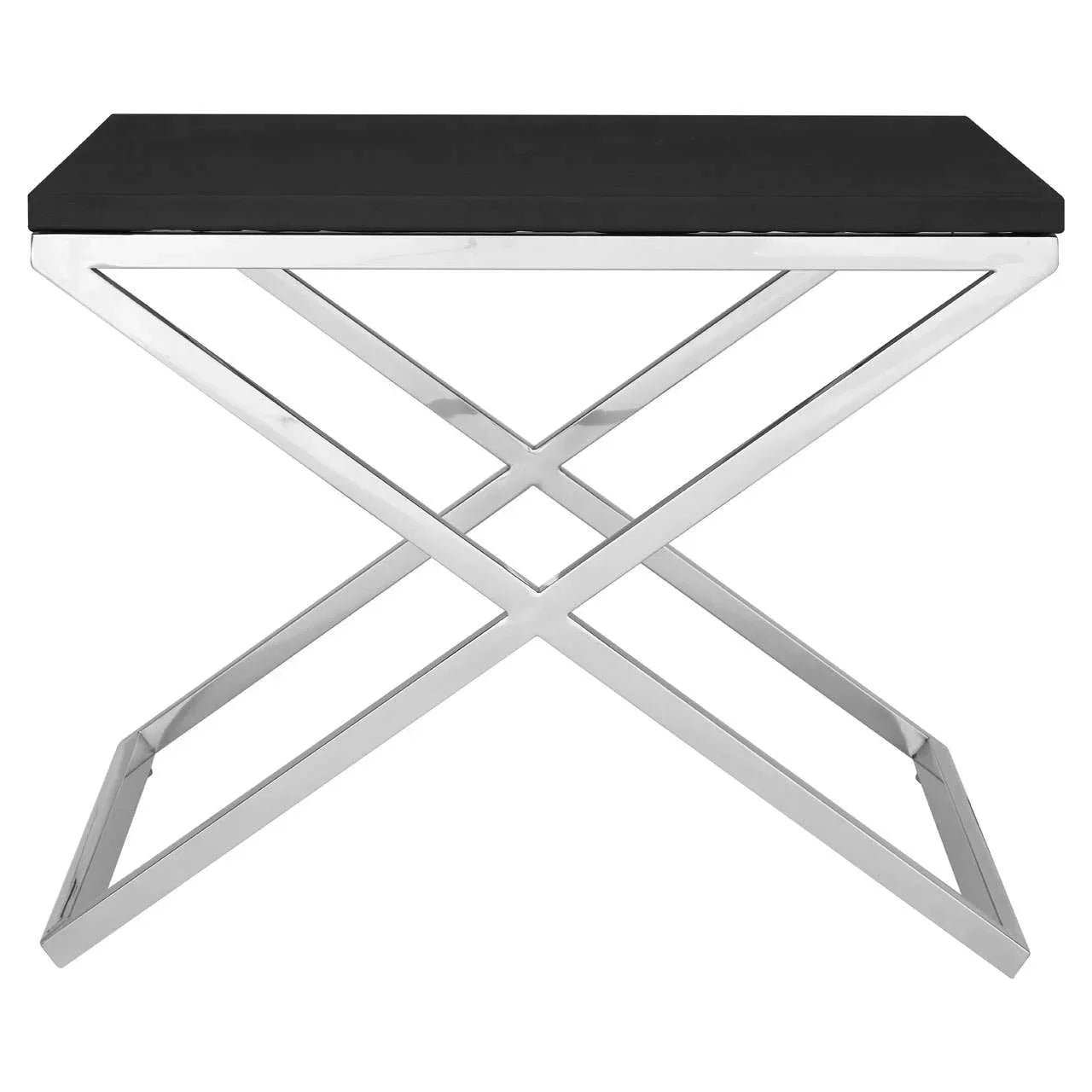 Rectangular black console table with chrome cross metal legs shown from the front