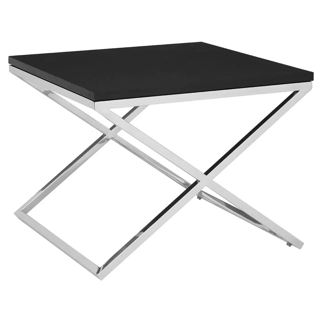 Modern black side table with crossed chrome metal legs and rectangular top