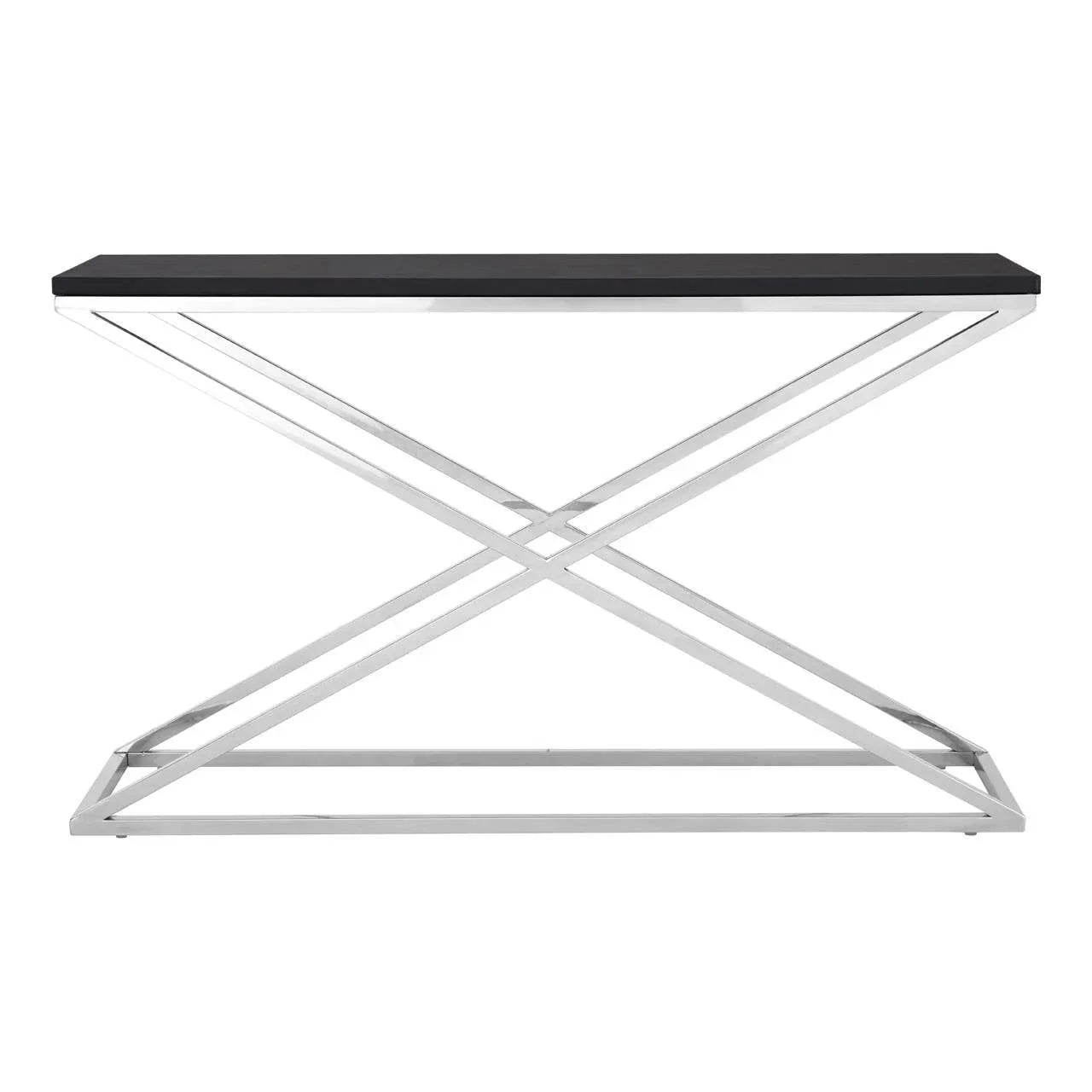 Modern console table with black top and chrome X-frame base