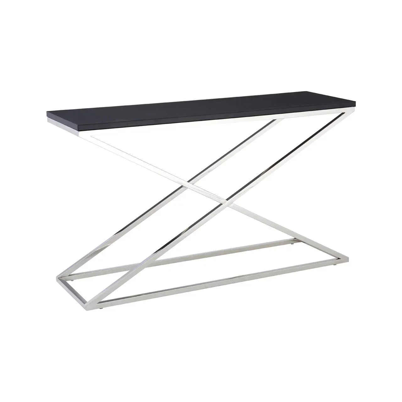 Modern console table with black top and chrome metal X-frame base