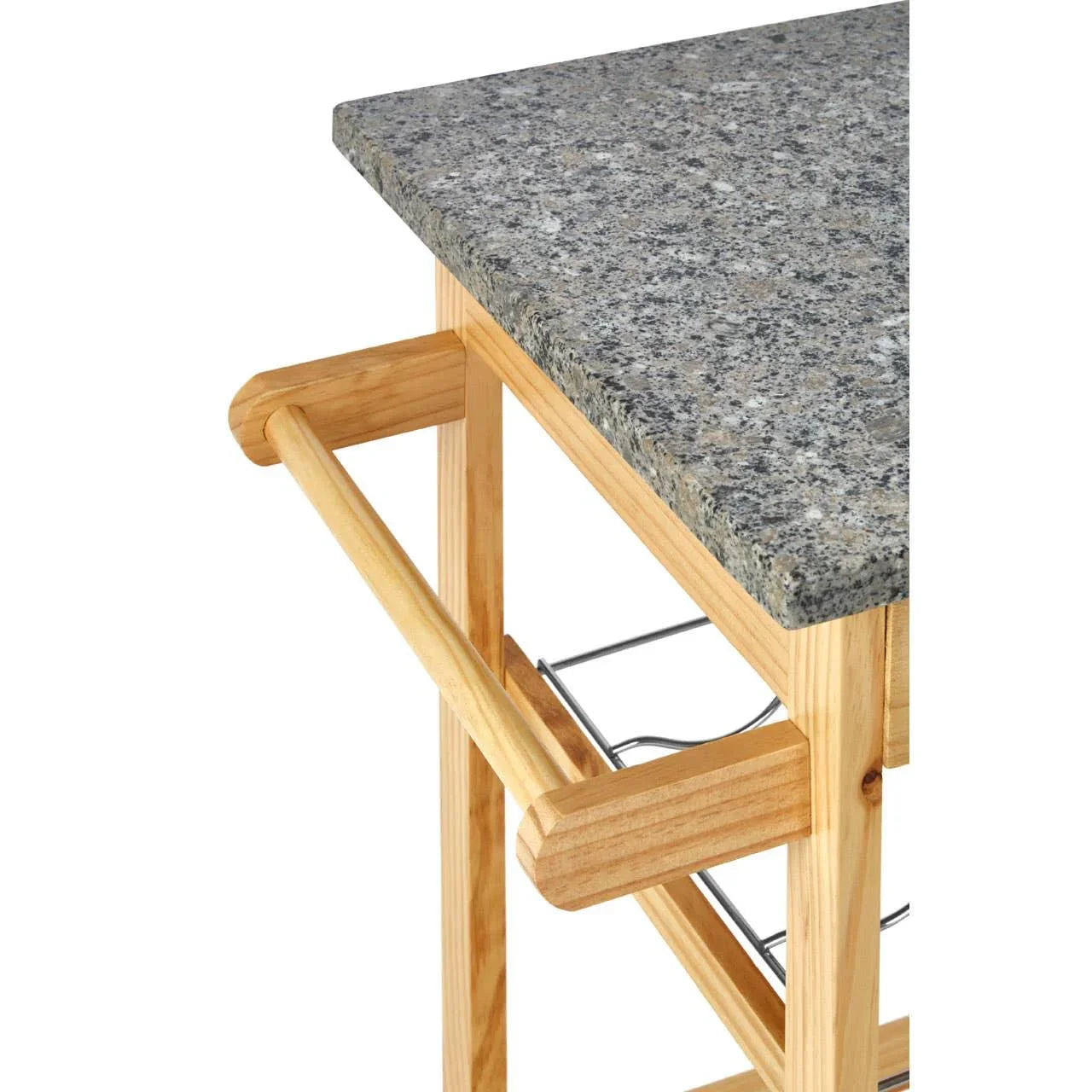 Granite kitchen island top with wooden frame and metal storage rack detail
