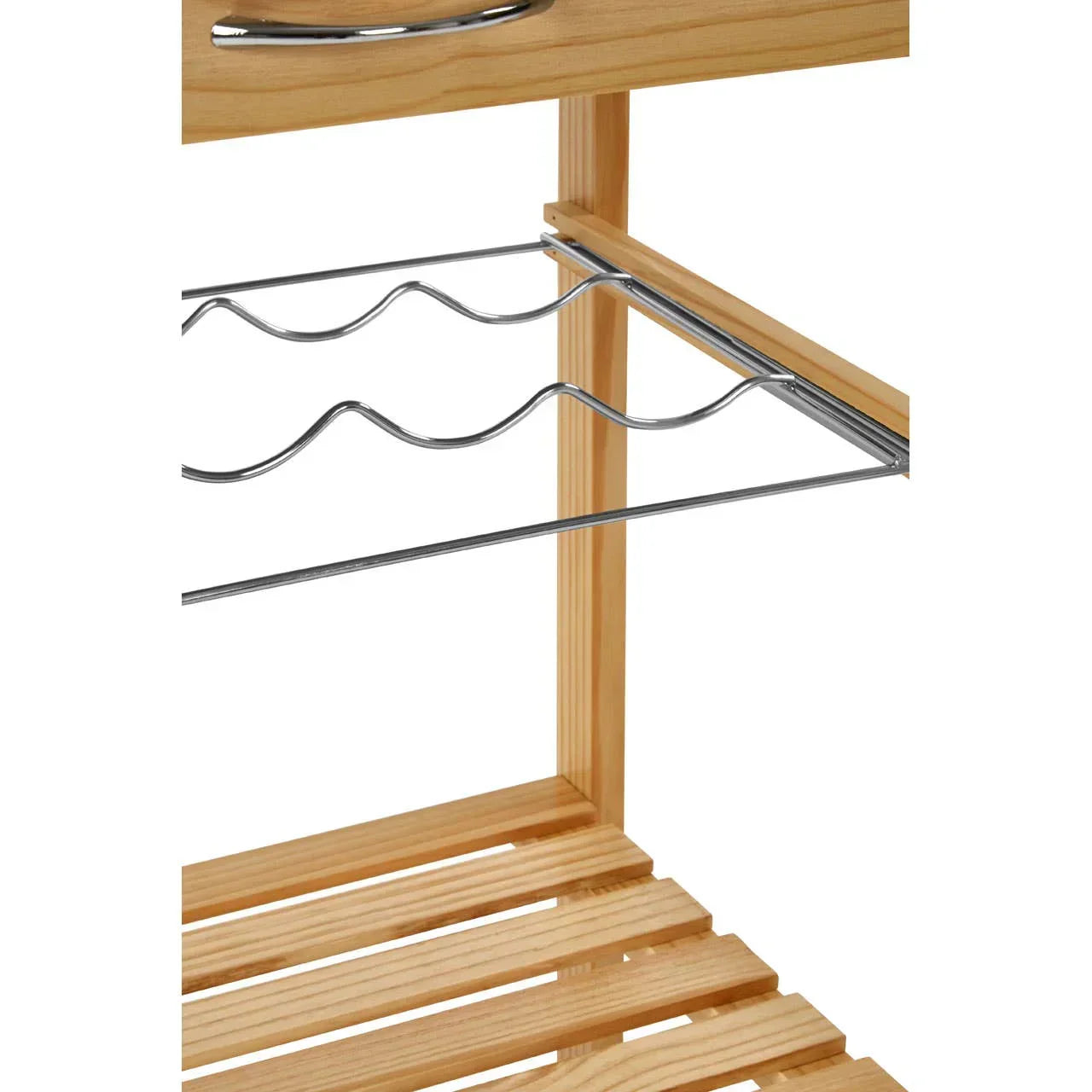 Wooden kitchen trolley with metal wine rack shelf and slatted storage tier