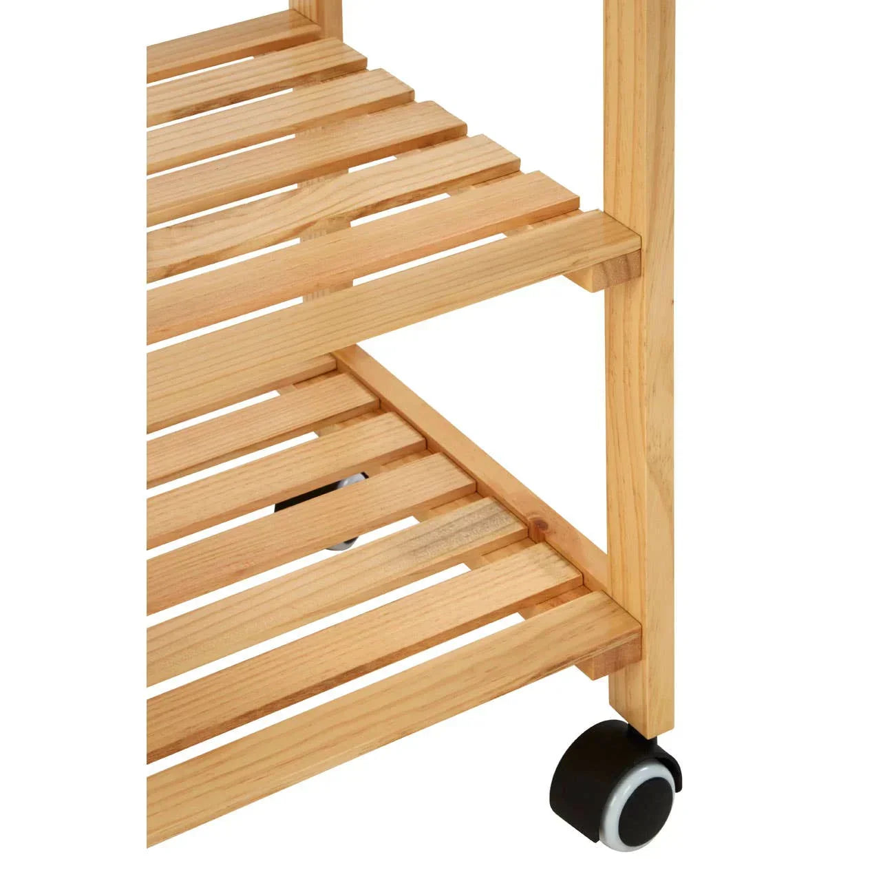 Natural wood slatted shelving unit with black caster wheels close-up