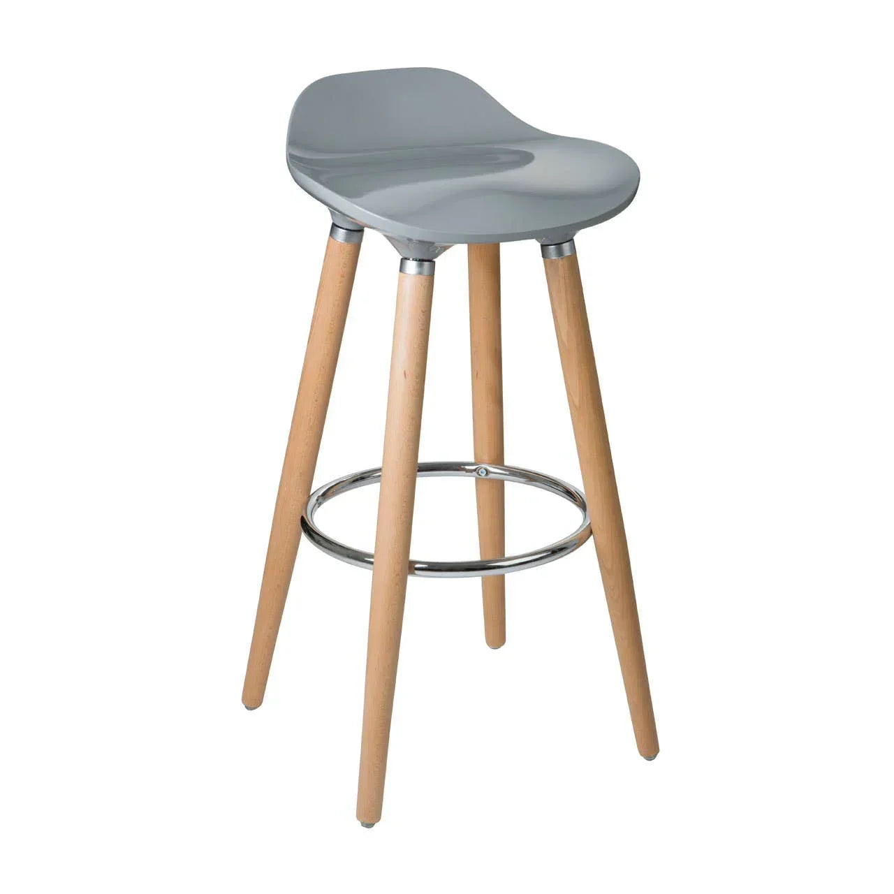 Grey bar stool with wooden legs and chrome footrest on white background