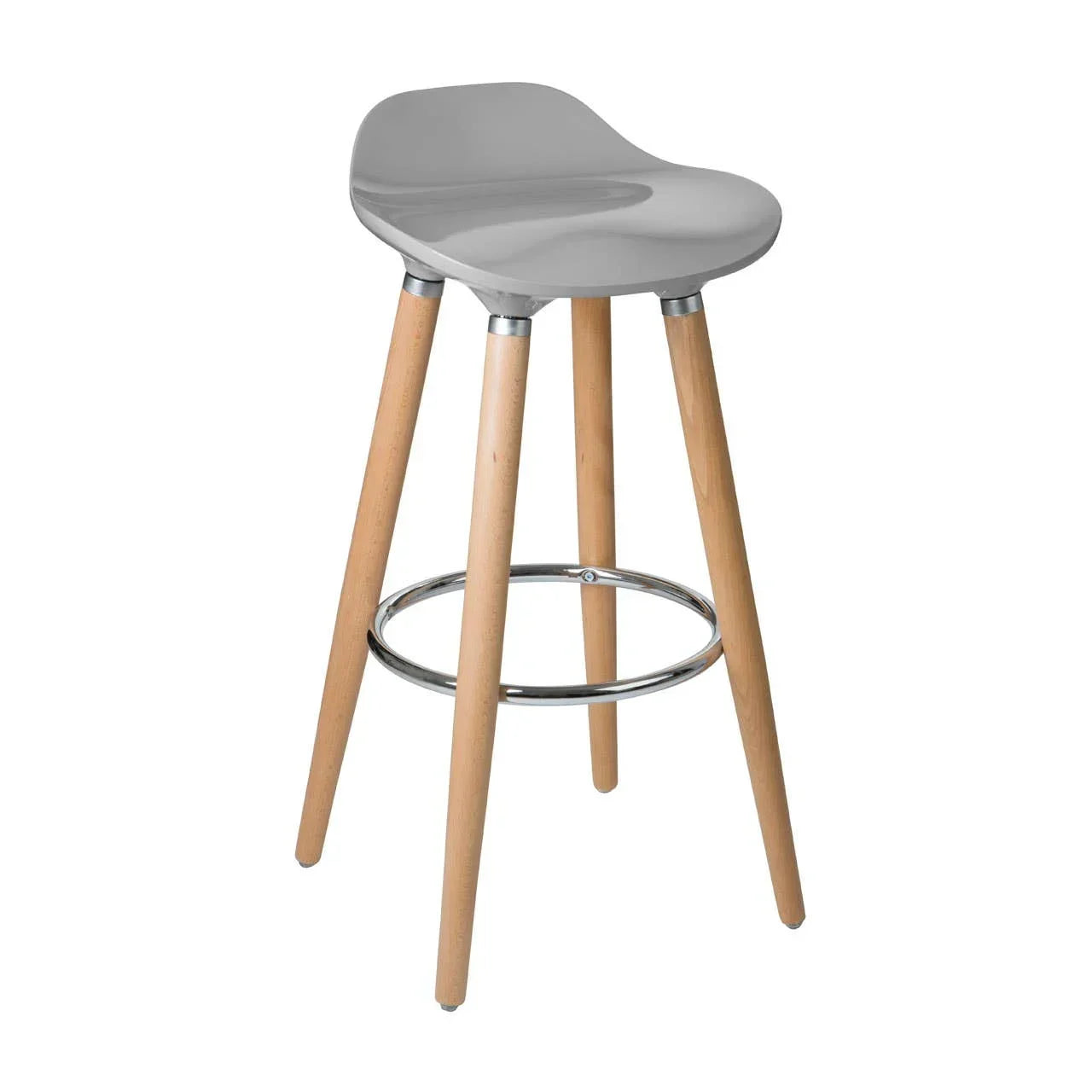 Grey bar stool with wooden legs and chrome footrest on white background