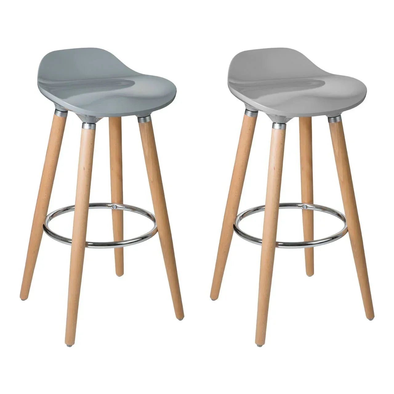 Pair of grey bar stools with wooden legs and chrome footrests on white background