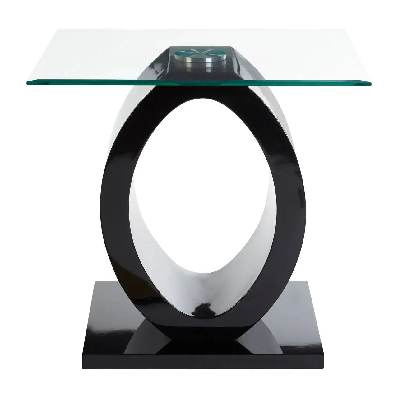 Modern glass top side table with black oval base on square platform