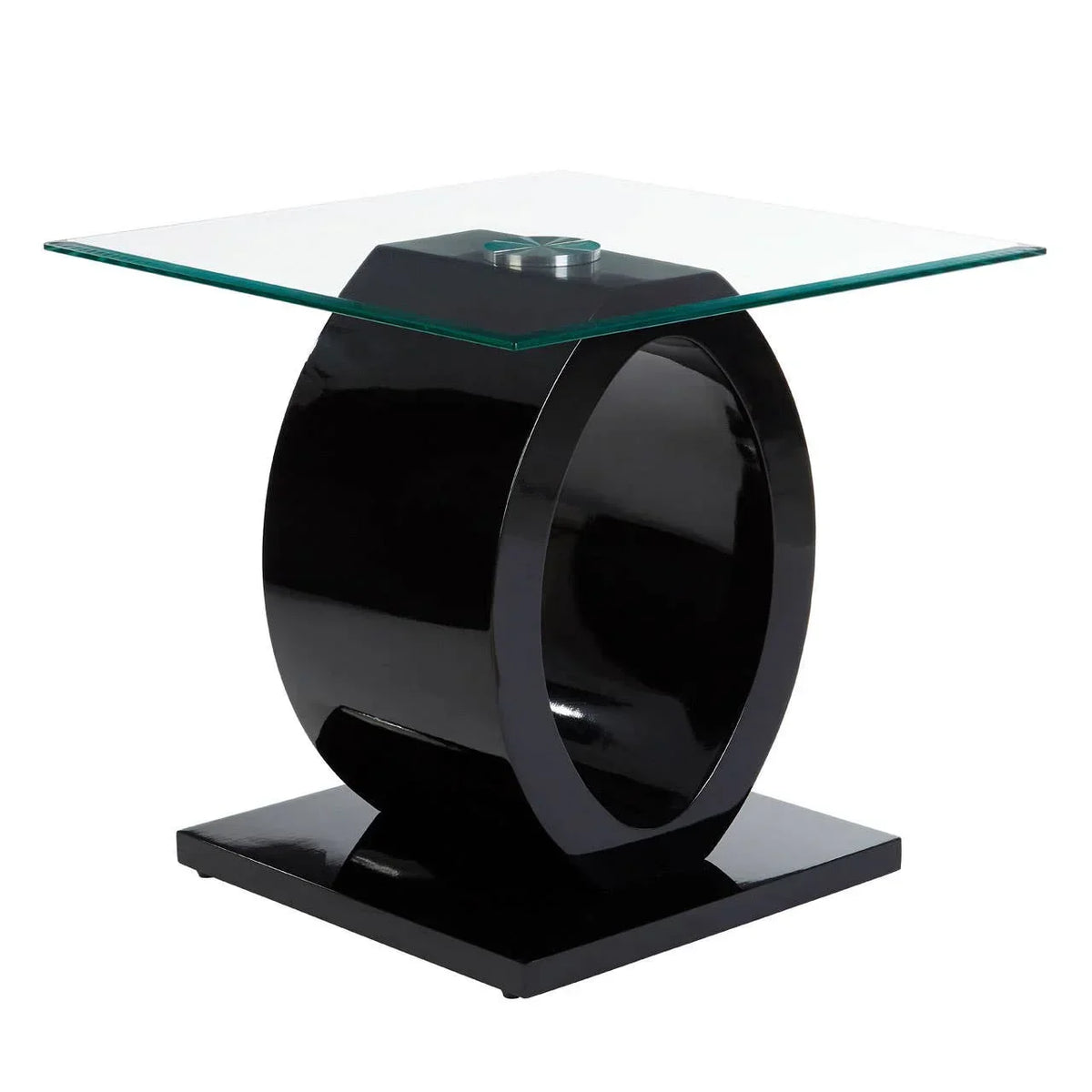 Modern glass top side table with glossy black circular base