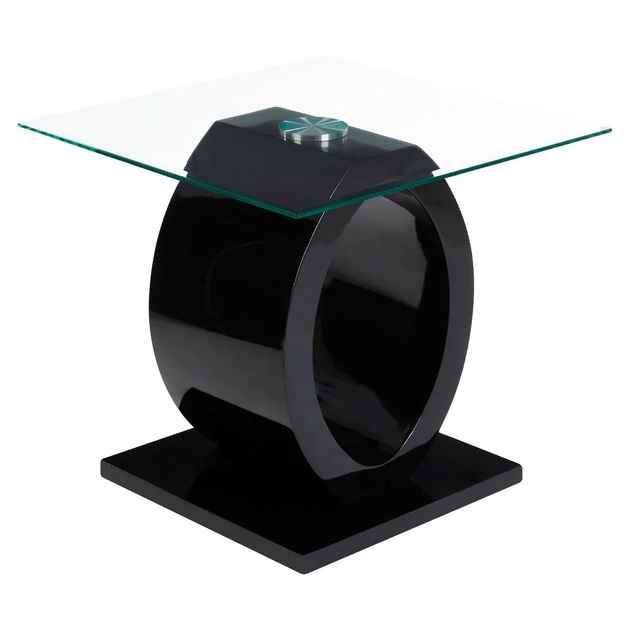 Modern glass side table with black circular base and square top