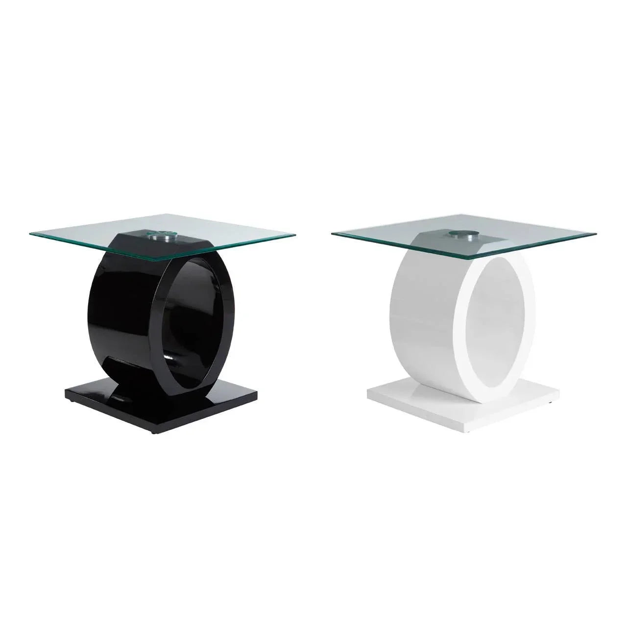 modern glass top side tables with black and white circular bases, square glass surfaces