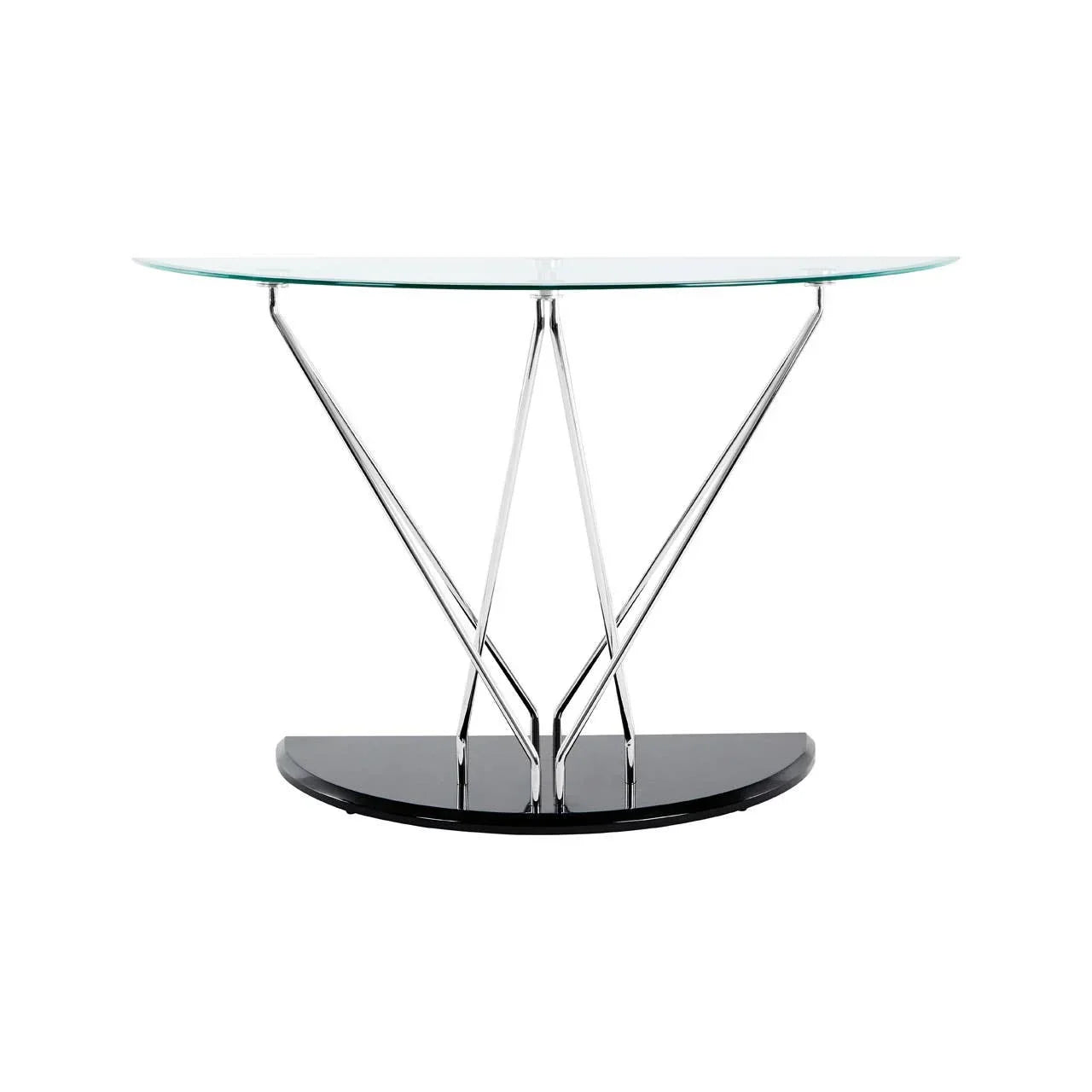Glass console table with chrome legs and black base, modern entryway furniture