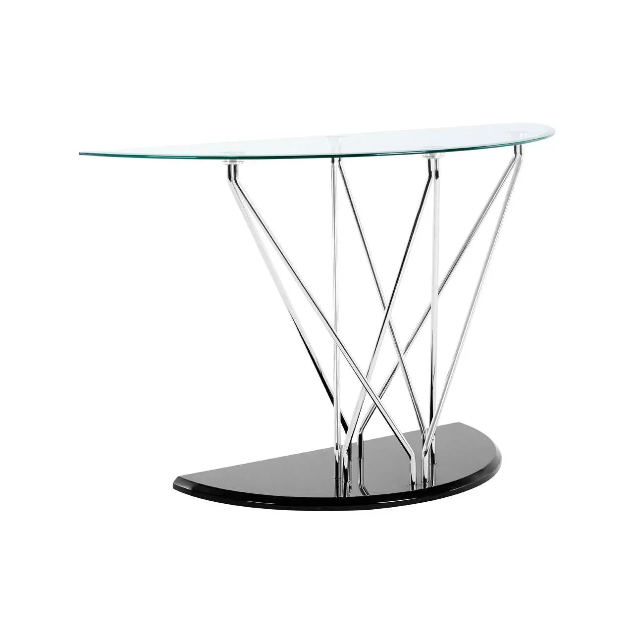 Glass console table with chrome legs and black base, modern half-moon design