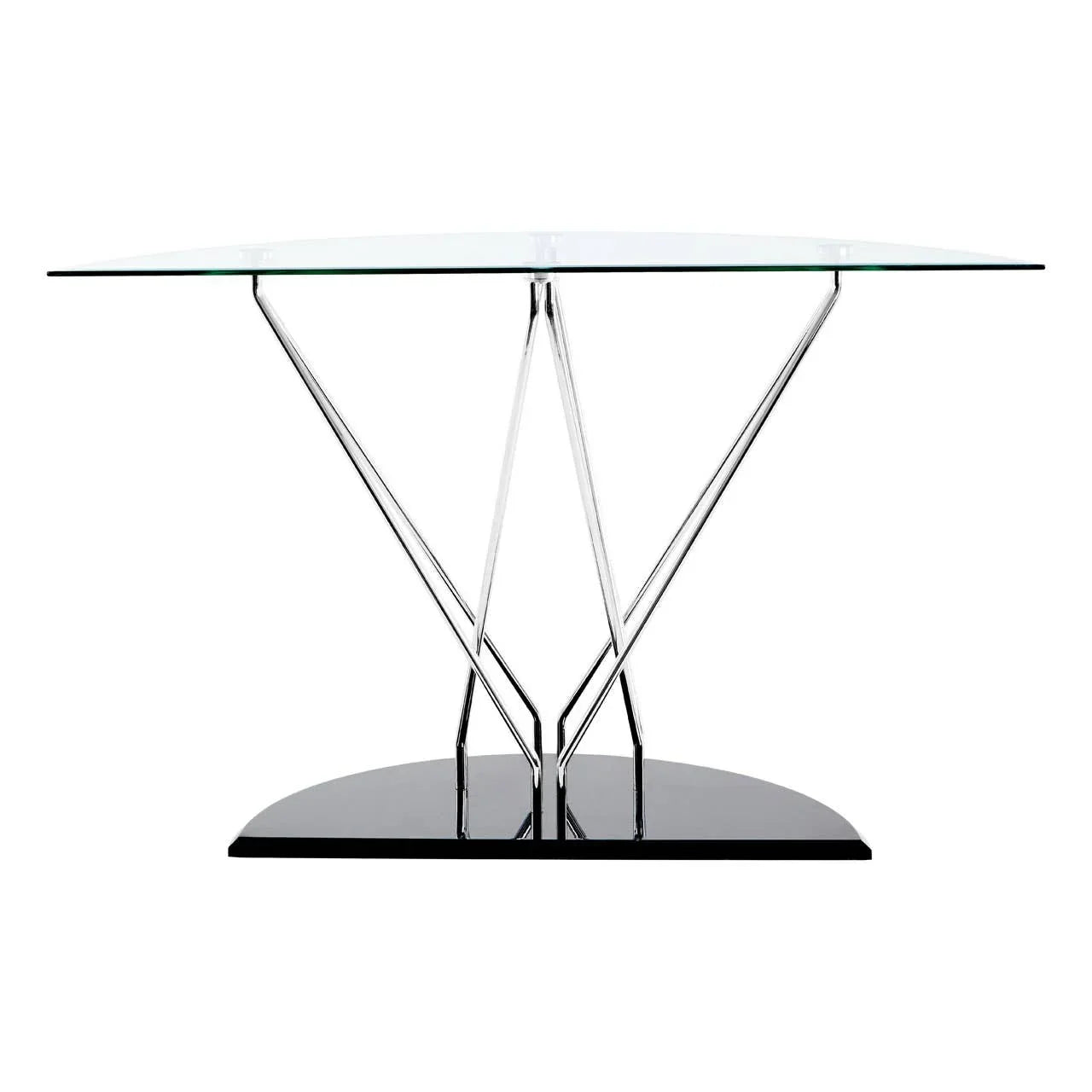 Glass dining table with chrome metal frame and black base, photographed front view